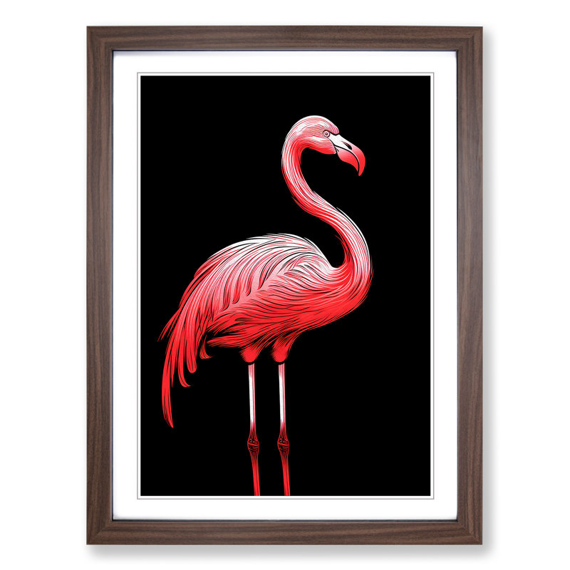Flamingo Line No.2 - Single Picture Frame Print on Wood, Walnut Framed, 46cm H x 34cm W