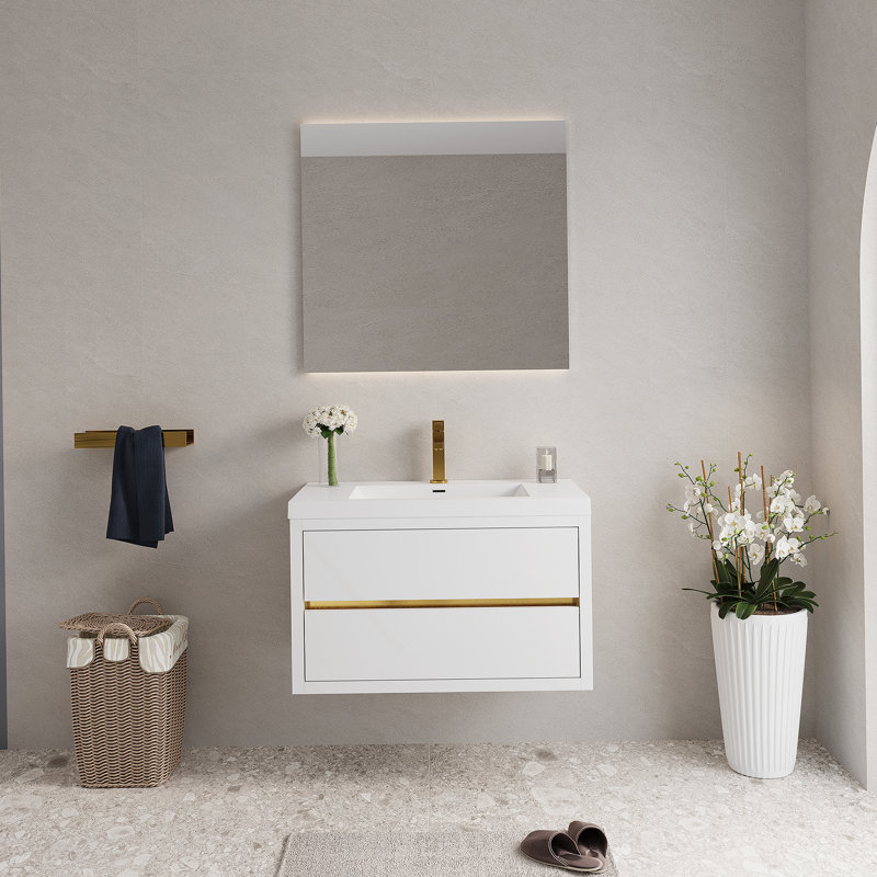 Meuble-lavabo mural avec lavabo, armoire de rangement flottante pour la salle de bain, comptoir et tiroirs à fermeture en douceur pour une fonctionnalité accrue