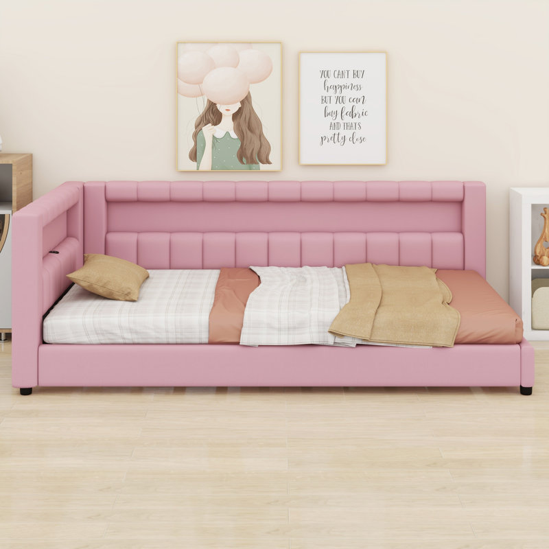 Comfort Upholstered Platform Bed with LED Lights and USB Charging Station, Extra-long Twin, Pink