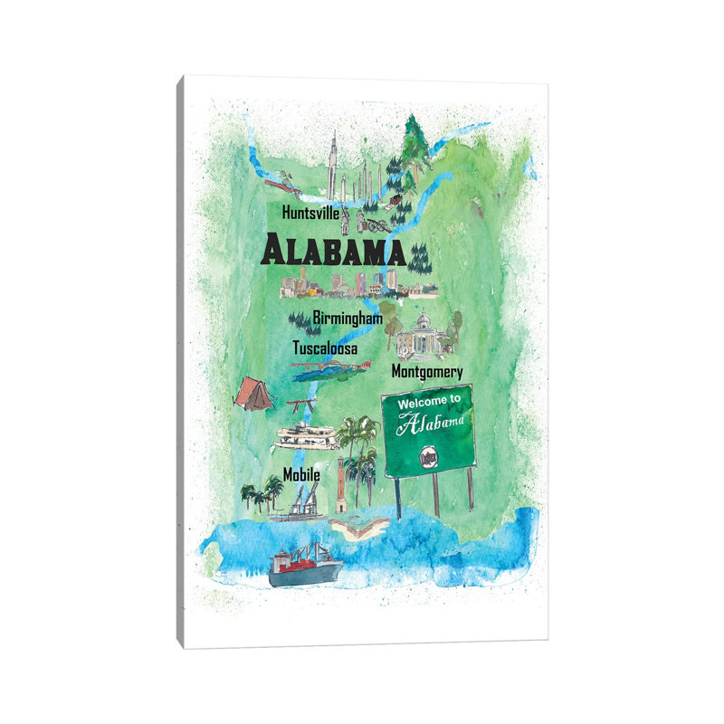 USA, Alabama Illustrated Travel Poster by Markus & Martina Bleichner - Wrapped Canvas Gallery-Wrapped Canvas Giclée