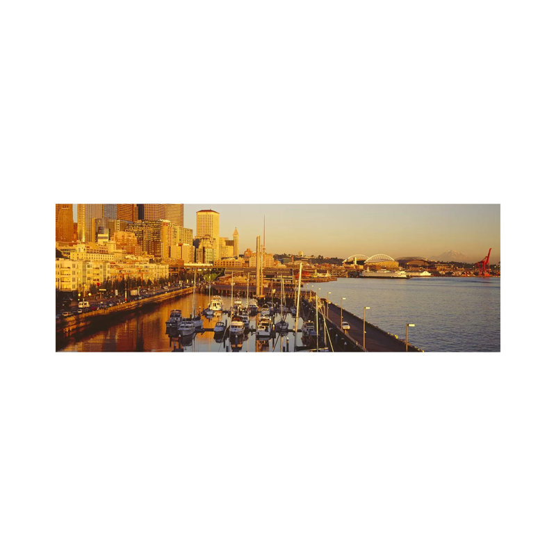 Buildings At The Waterfront, Elliott Bay, Bell Harbor Marina, Seattle, King County, Washington State, USA - Wrapped Canvas Panoramic Print