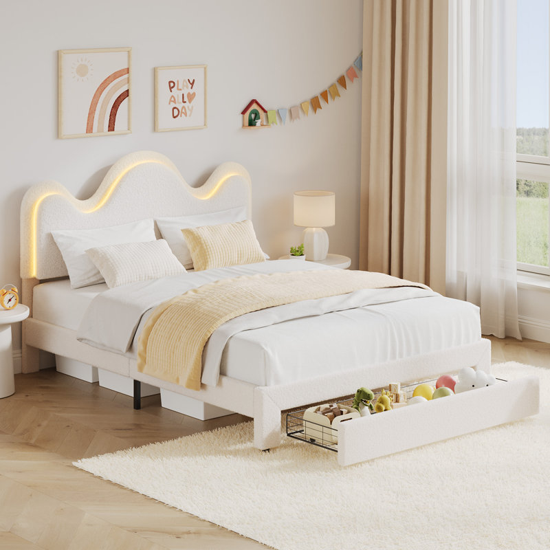 Queen Size RGB LED Light Upholstered Platform Bed Frame with App/Remote Control, Adjustable Headboard & Under-Bed Storage Drawer, Wooden Slats, Noise-Free, No Box Spring Needed, Easy Assembly - White