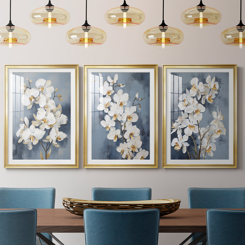 FLORAL Series CLxxxx - Impression encadrée sur mesure de qualité supérieure - 3 pièces, H 21 po x l 30 po, Doré