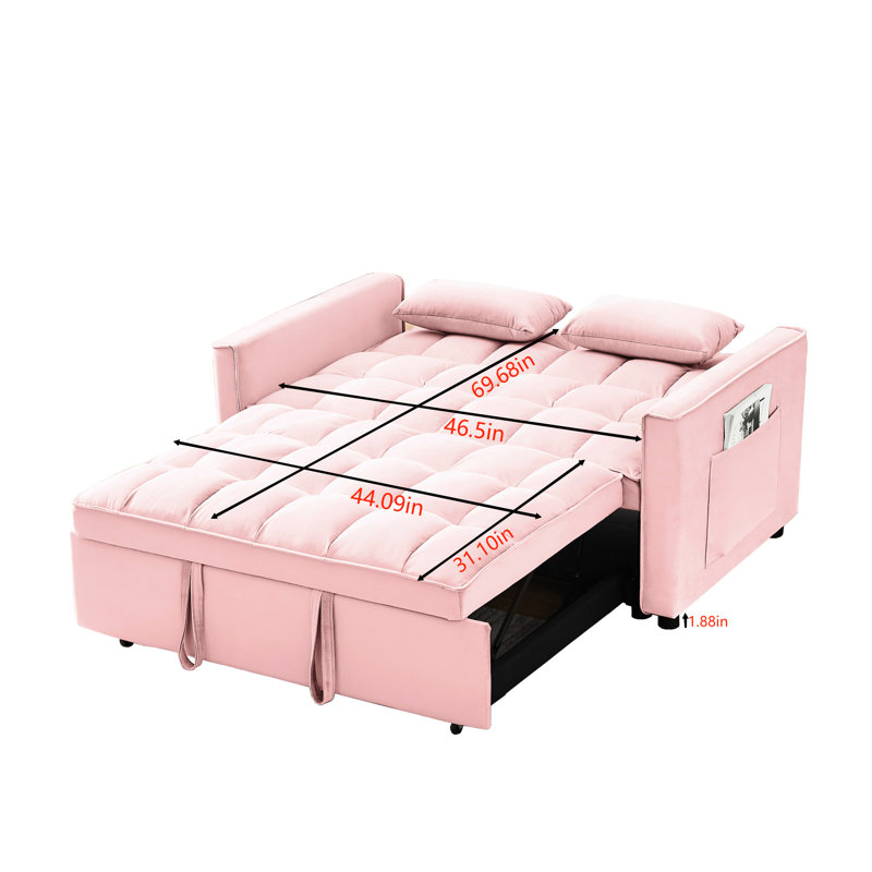 Velours 3 en 1 convertible rose avec lit escamotable et coussins de soutien pour un salon confortable