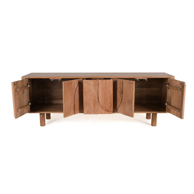 Large Solid Mango Wood TV Unit – Light Oak Finish Entertainment Console With Modern Carved Doors – No Veneer Wooden Media Unit, TV Stand & Storage Cabinet For Living Room – Fully Assembled