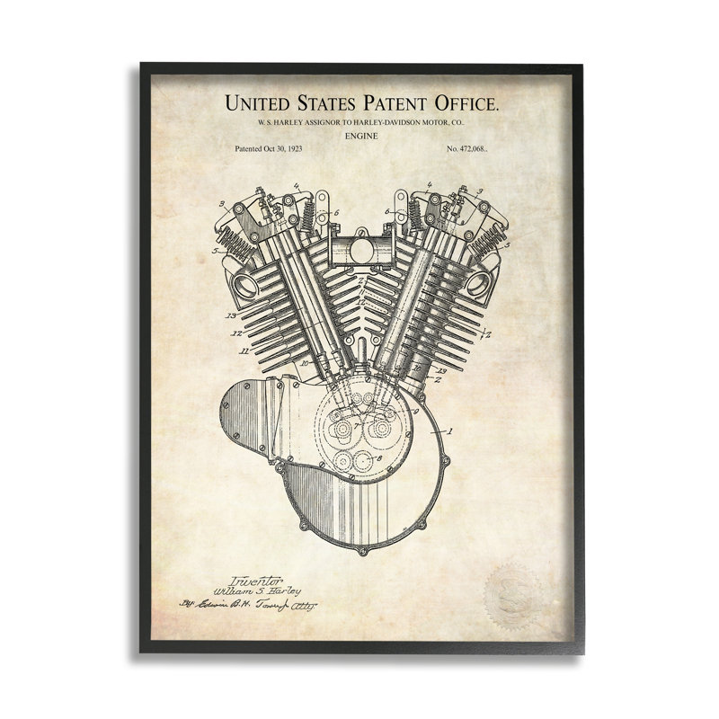 Schéma détaillé de la machine avec moteur et texte de brevet, Giclée encadrée noir minuit, L 11 po x H 11 po