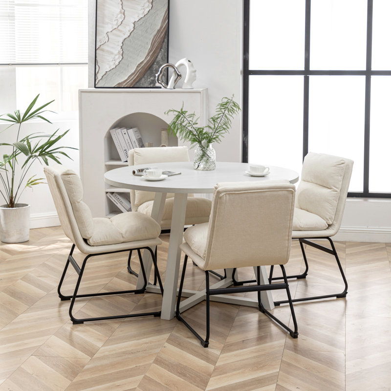 Ensemble de salle à manger 5 pièces à table ronde, table à manger à tréteaux et 4 chaises élégantes, Beige