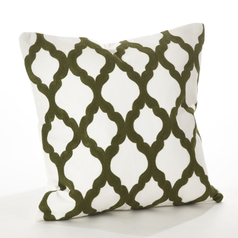 Green and White Cotton Embroidered Square Throw Pillow