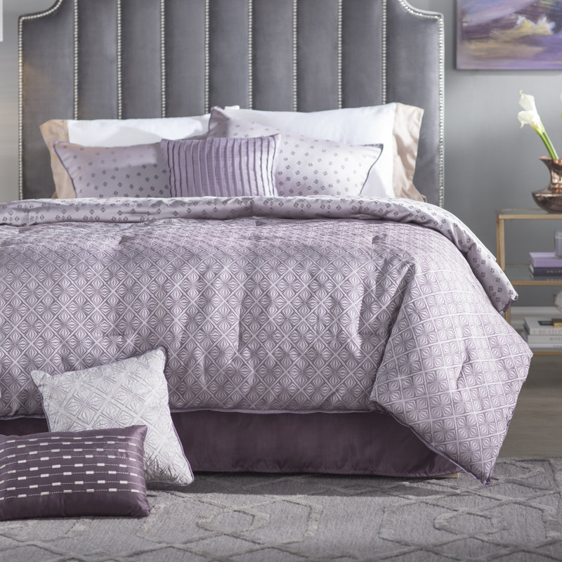 Ensemble d'édredon géométrique 7 pièces Biloxi, Édredon de très grande taille et 6 pièces suppl, Mauve