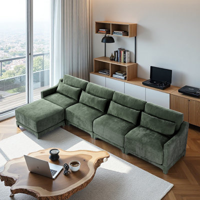 4 Seater Sofa,L Shape Sofa， 1 Movable Ottoman, Chenille Fabric, High - Quality Wooden Base, Suits Studies, Living Rooms, Lounges