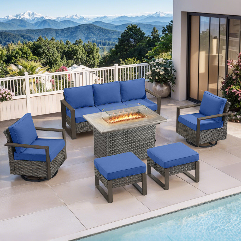 Ensemble de conversation d'extérieur 6 pièces avec fauteuils pivotants et table de foyer Aldiana, Bleu, Gris