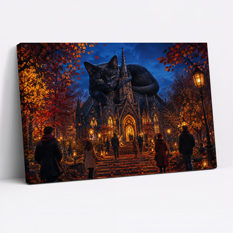 Chat noir géant perché sur une cathédrale gothique, toile murale d'Halloween, H 24 po x l 36 po