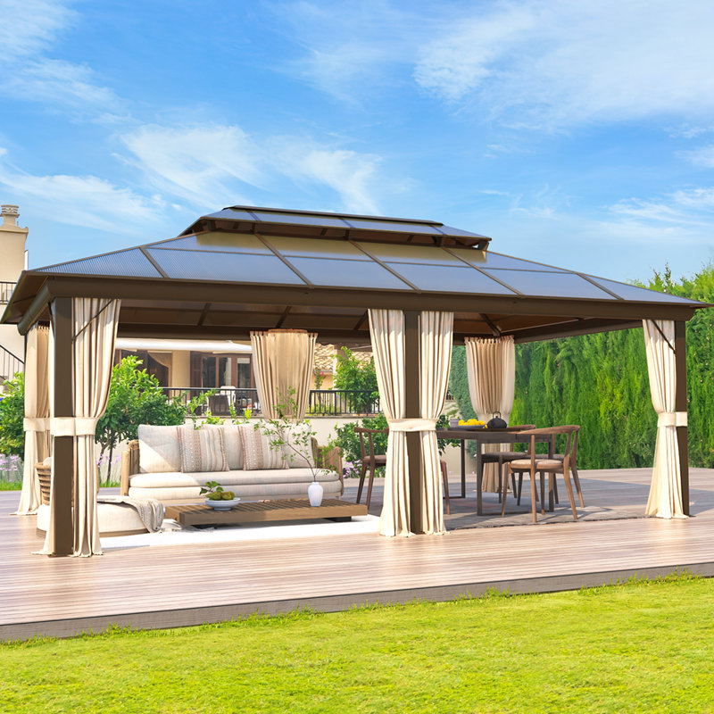 Pavillon de jardin à double toit en polycarbonate 12 pi x 20 pi - Cadre en aluminium avec filet et rideaux