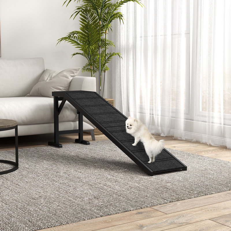 Dog Ramp w/ Non-Slip Carpet and Top Platform, 74" x 16" x 25", Black,wood