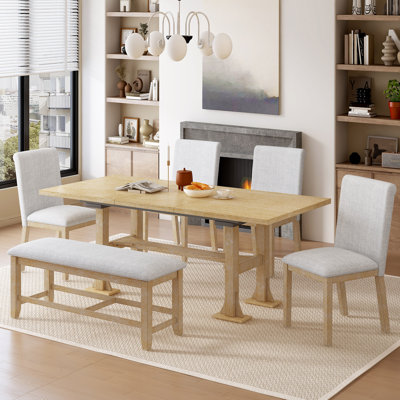 Farmhouse 76Inch 6-Piece Extendable Dining Table Set Trestle Kitchen Table Set With 18Inch Removable Leaf And Upholstered Dining Chair And Bench For D by Gracie Oaks