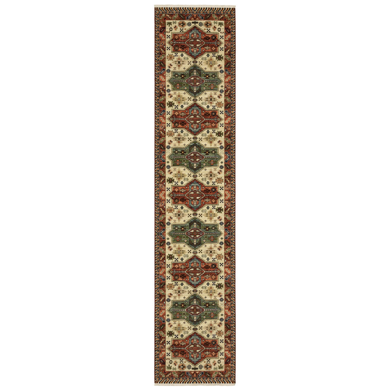 Tapis oriental en laine tissé à la machine en rouge / vert, Tapis de couloir 2 pi 6 po x 12 pi