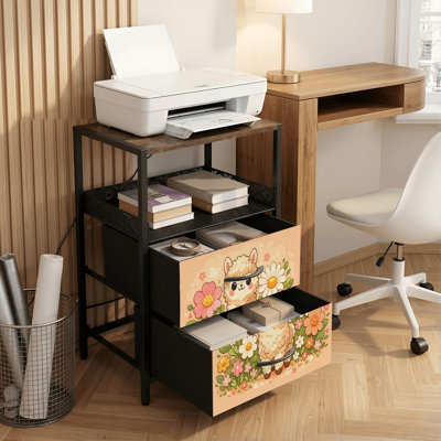 Table de chevet 2 tiroirs avec station de charge, table de chevet pour chambre avec ports USB et amp; Outlets, tablette ouverte noire, table de chevet avec un lama mignon entouré de fleurs colorées