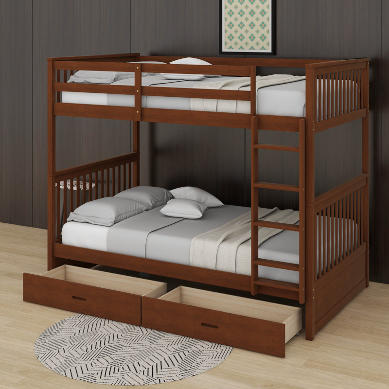 Lit superposé simple au-dessus de simple avec échelles et tiroirs, Walnut