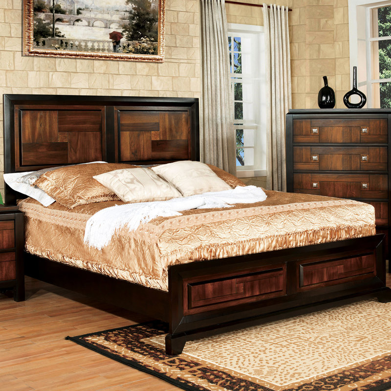 Grand lit transitionnel en bois massif / noyer avec tête de lit style Parquet contemporain