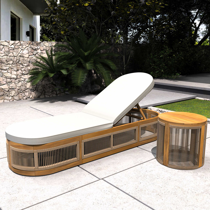 Buie 2 - Piece Acacia Wood Rope Weaving Patio Outdoor Reclining Chaise Lounge With Side Table And Cream Cushions