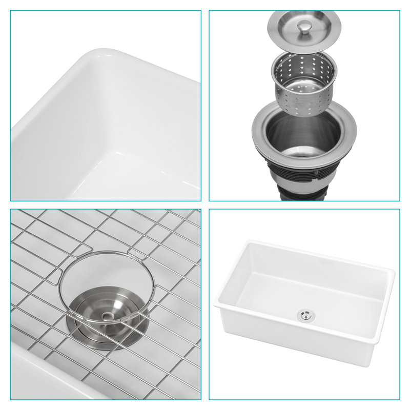 32" White Ceramic Undermount Single Bowl Kitchen Sink