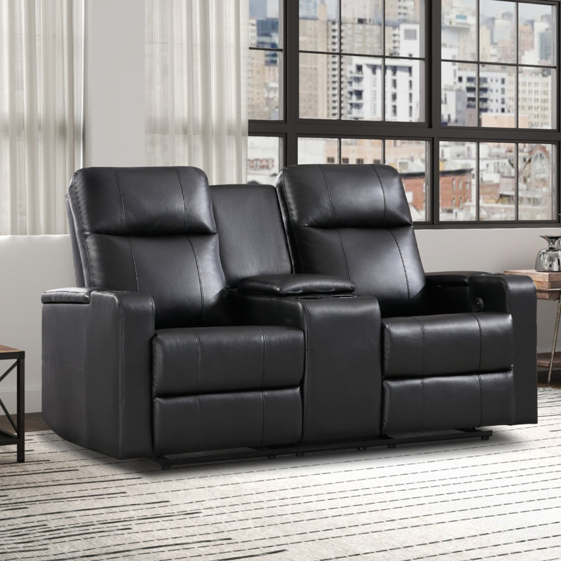 Causeuse inclinable électrique en cuir synthétique de 70,1 po de largeur, Noir, noir, noir, noir
