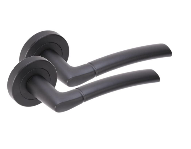  6 Pairs Indiana Style Modern Lever Latch Door Handles Set on Round Rose in Matt Black Finish