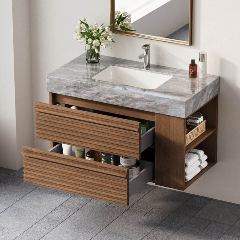 Meuble-lavabo moderne simple 36 po avec plateau en marbre 36 po, Bois foncé