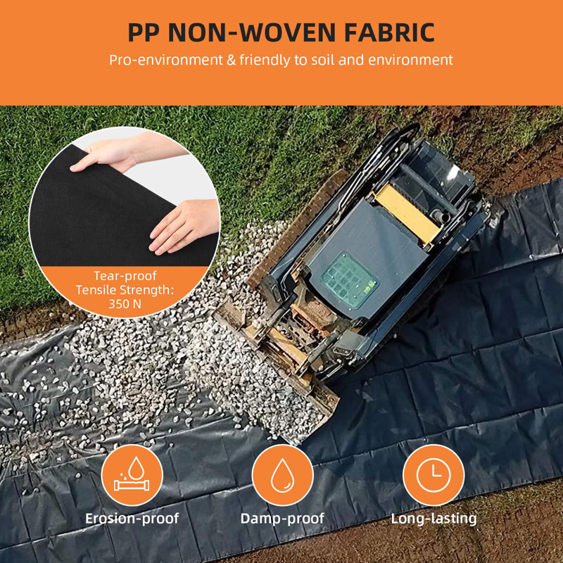 Non-Woven Geotextile Fabric, Heavy-Duty PP Landscape Membrane with 350N Tensile Strength for Drains & Groundworks, 0.9m x 30.5m, 270gsm, 227g, Black
