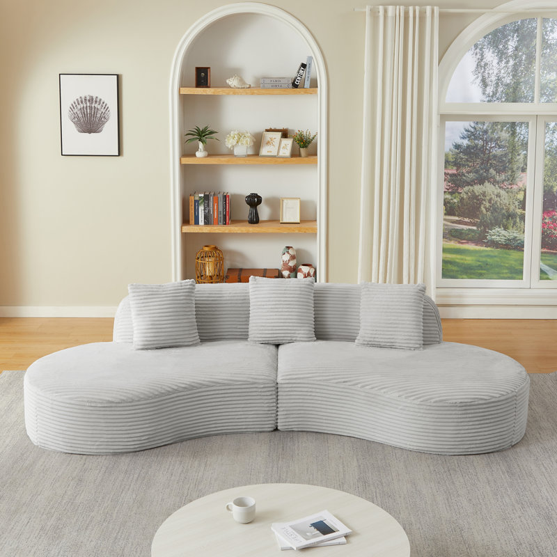 Corduroy Compressed Upholstered Curved Sectional Sofa with Scatter Cushions-No assembly required, Light Gray Corduroy