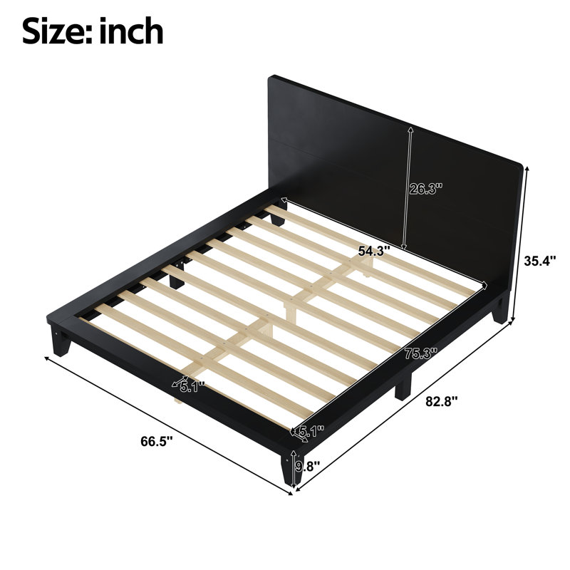 Structure de lit plateforme en noyer de style Mid-Century moderne avec tête de lit, bois massif, support de lattes de bois, aucun sommier requis, double, noir