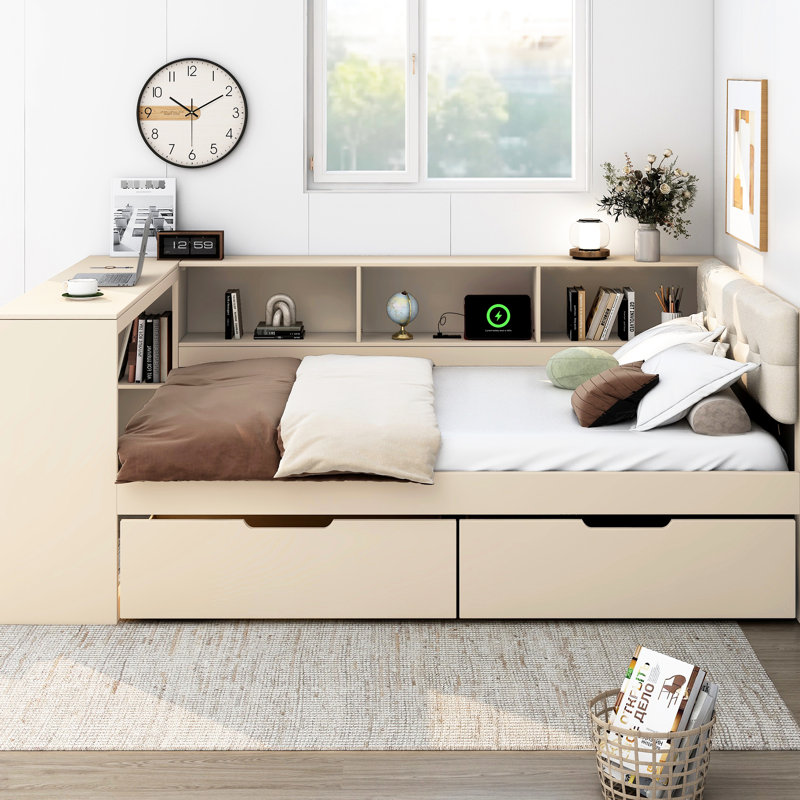Lit plateforme en bois crème avec tête de lit tapissier, rangement intégré et support de rangement,