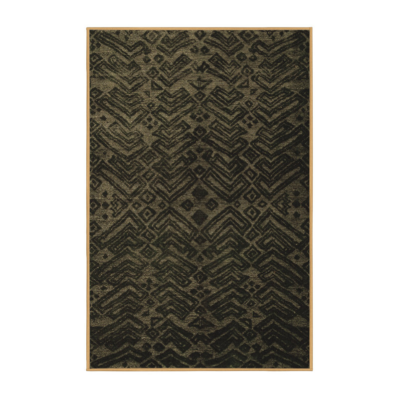 Tapis géométrique en laine / polyester tissé à la machine en noir / olive, Tapis de couloir 2 pi x 5 pi