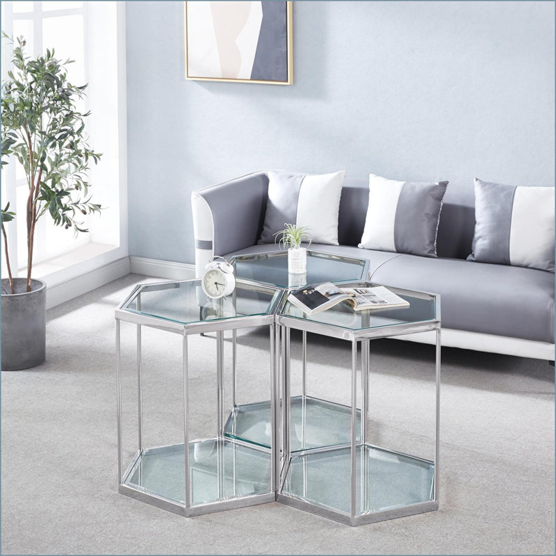 Modern Glass Coffee Table with Silver Stainless Steel Frame, Space-Saving Two-Tier &amp; Easy-Clean