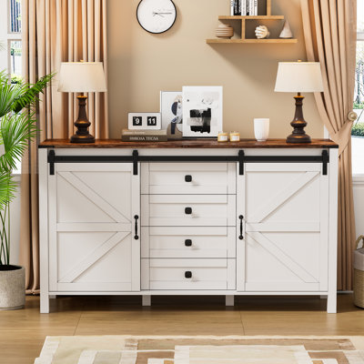 Bourdieu Farmhouse Dresser Chests for Bedroom, Sliding Barn Doors TV Stand, Tall Wide Wood Country Rustic Chest of Drawers, Wood Storage Dressers for -  Gracie Oaks, DDFC84F6431343AA822854063466CBD4