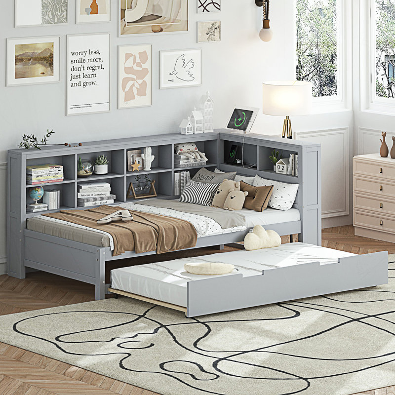 Lit de jour simple de style moderne avec lit gigogne simple, lit de jour avec tablette de rangement et ports de chargement USB