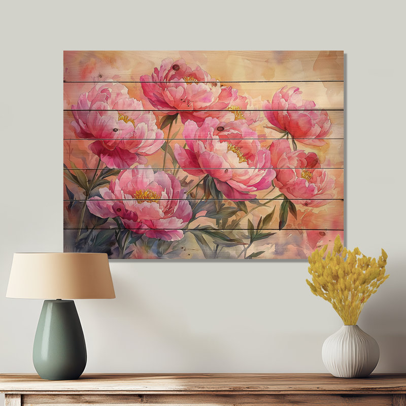 Pivoines au soleil levant II - impression de pivoines sur bois de pin naturel, H 10 po x l 20 po x P 0,78 po