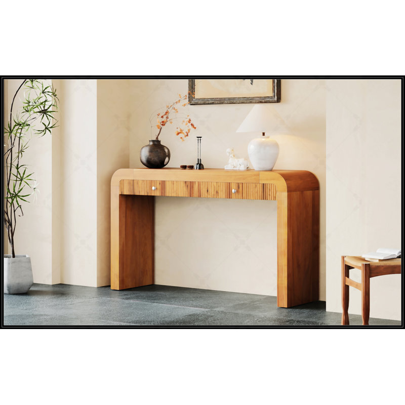 Rustic Console Table With Fluted Drawer, Curved Corners, And Thick Legs For Hallway And Living Room (Brown), Brown