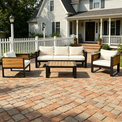 Aluminum Frame Large 4-Piece Outdoor Patio Furniture Set for 5 Person, 3-Seater Sofa, 2 Armchairs with Fold-Out Side Tables, Modern Garden/Patio Seating, All-Weather Use