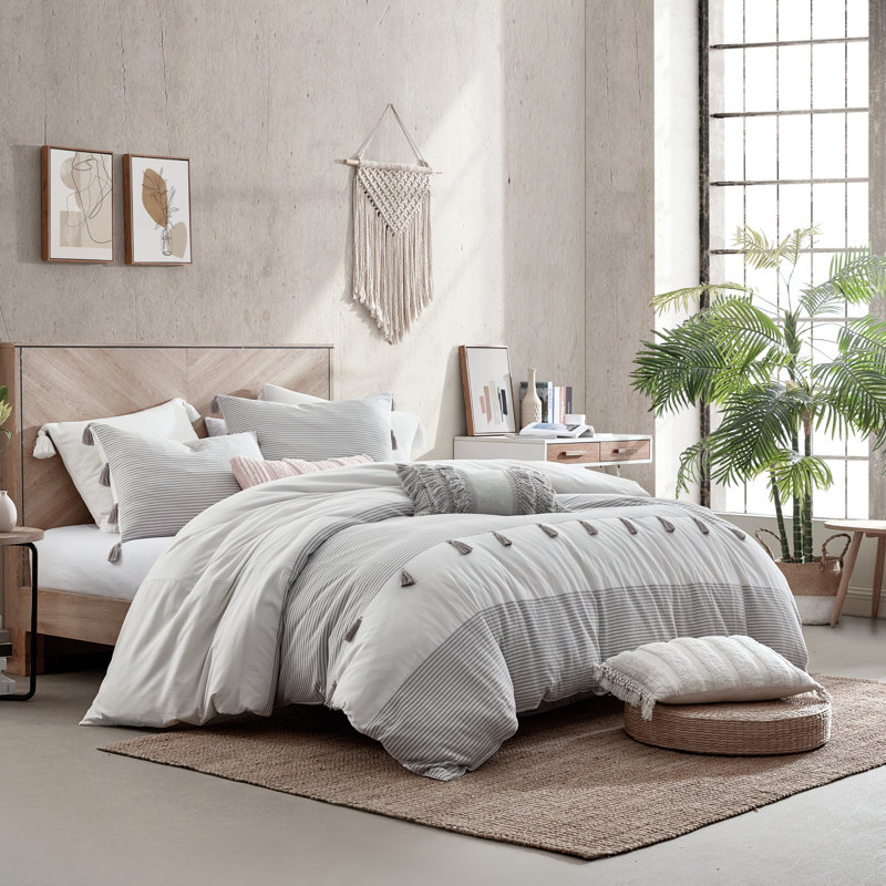 King Light Gray Cotton Panama Stripe Comforter Set