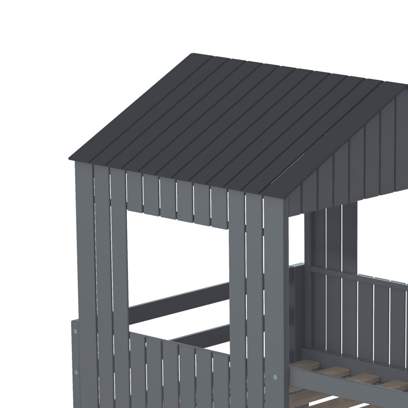 Lit superposé en bois avec maisonnette, gris