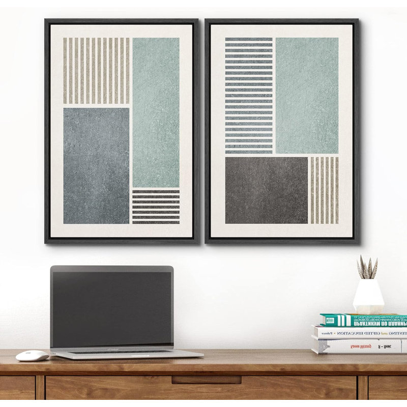 Motif géométrique minimaliste moderne sur fond géométrique bleu et gris sur 2 pièces, H 36 po x l 48 po x P 1,5 po