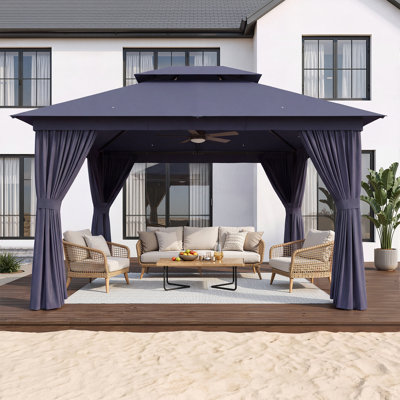 Gazebo d'extérieur 3,65 m x 3 m avec rideau et moustiquaire, tente de réception bleue robuste à double toit, abri de jardin avec fermeture éclair pour terrasse ou pelouse.
