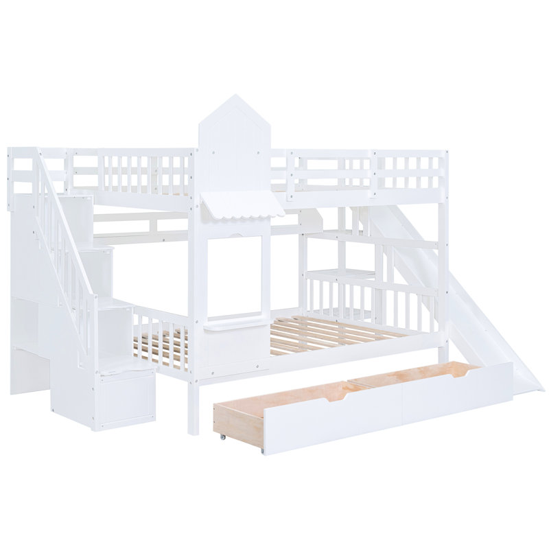 Lit superposé Style - blanc, 2 tiroirs, 3 tablettes et glissade, texture bois naturel confortable, White