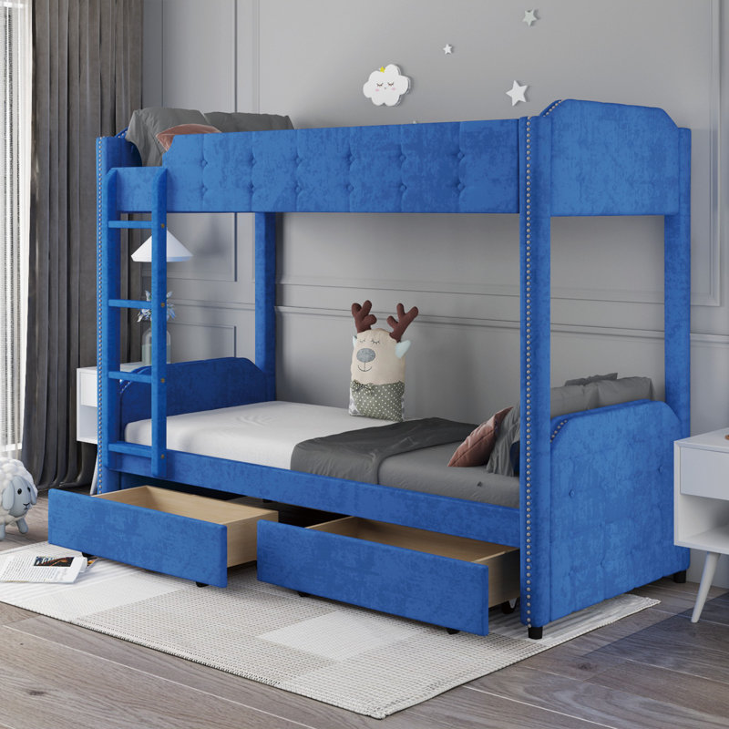 Lit superposé simple en bois massif à 2 tiroirs Bilyeu par Gemma Violet, Bleu