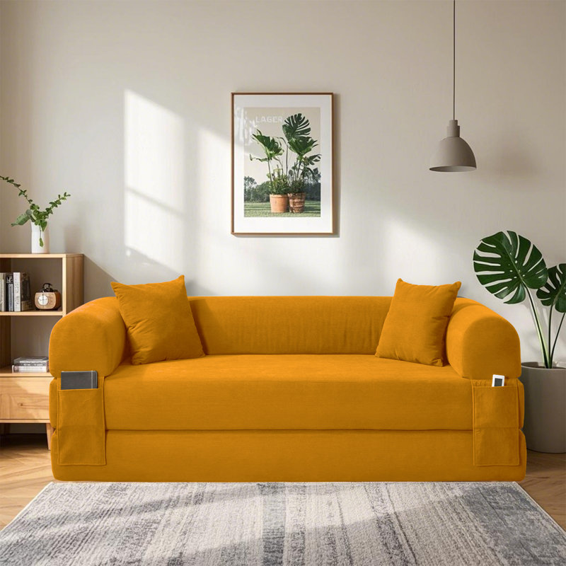 Convertible Sleeper Sofa Bed with Cylindrical Pillow, Corduroy Folding Mattress Couch, Floor Sofa  Sofa-in-a-Box, No Installation & Easy to Transport, Deep Seat