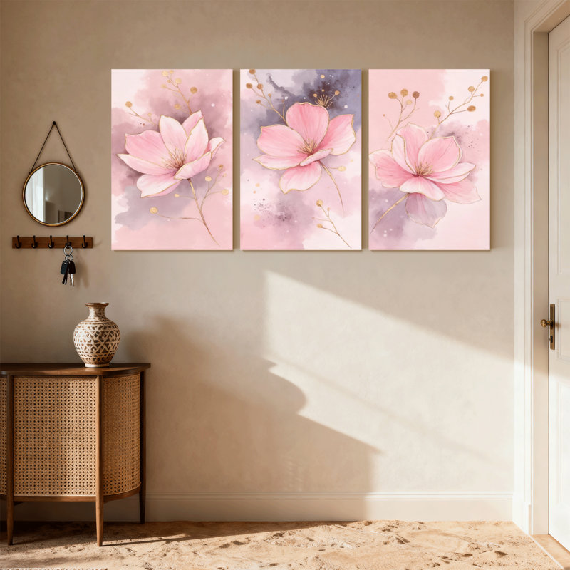 Plantes et fleurs, art aquarelle sur toile rose, ensemble de 3 impressions sur toile, H 30 po x l 60 po