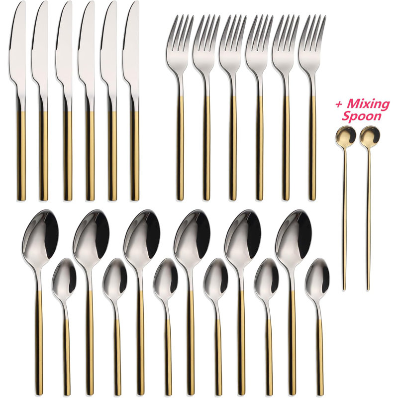 Ensemble de couverts 24 pièces pour 6 personnes en acier inoxydable 24 pièces avec design moderne, poli miroir, lavable au lave-vaisselle, comprend un couteau, une fourchette, une cuillère et des accessoires cadeaux
