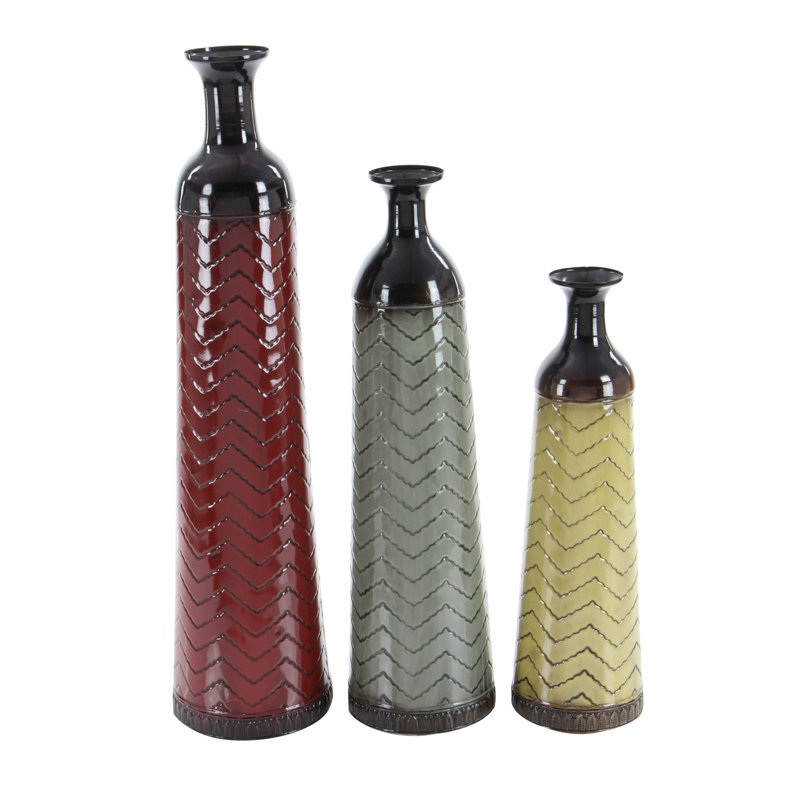 Waltham Multi Colored Metal Tall Enameled Bottleneck Floor Decorative Vase with Chevron Pattern