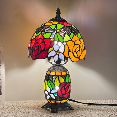 Small Tiffany Lamp Red Yellow Stained Glass Table Lamp Mini Mother Daughter Vase Desk Accent Light for Bedroom Bedside Reading Home Antique Style Decor 8X14 Inches